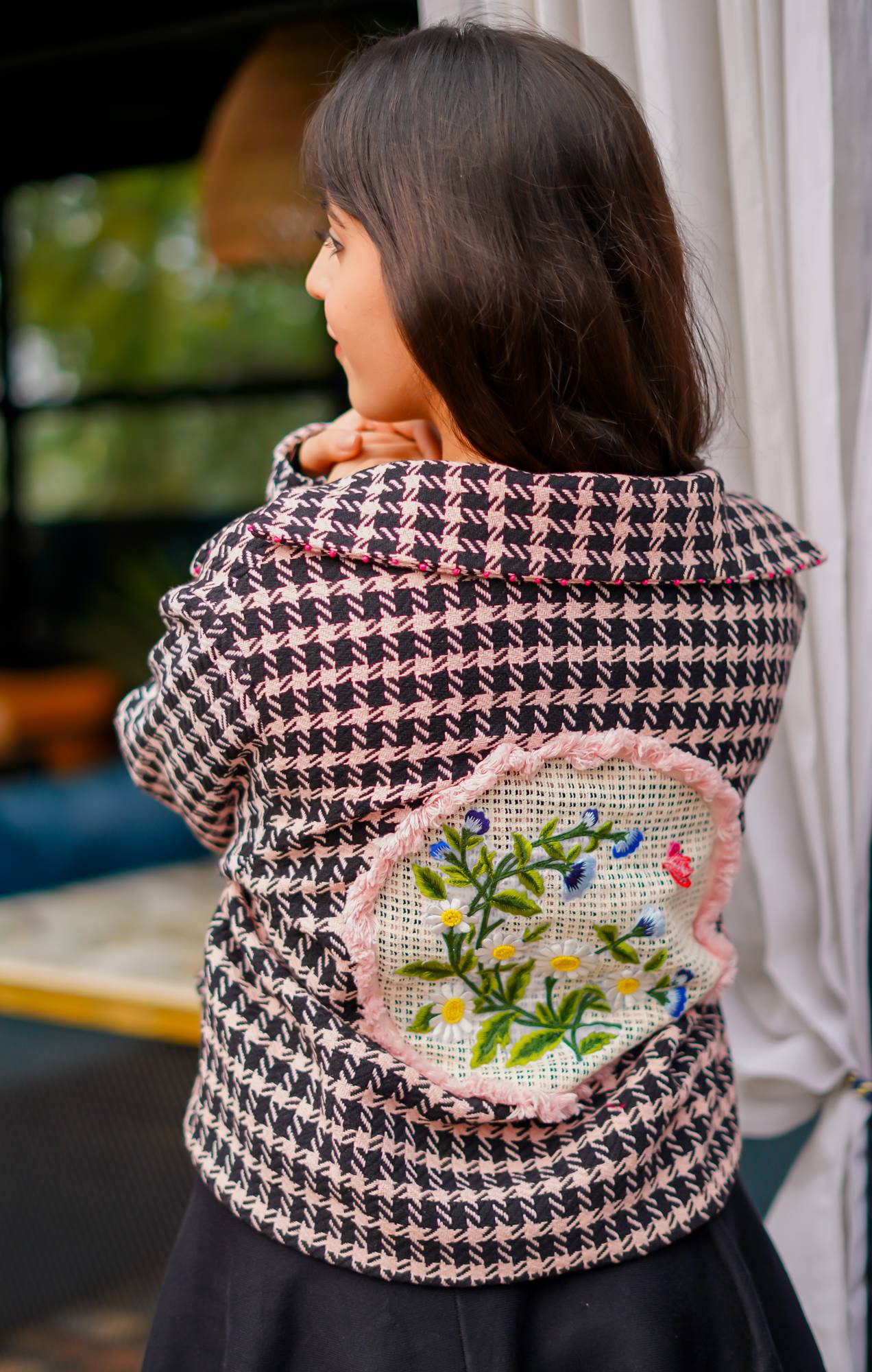 Houndstooth Jacket with Floral Embroidered Patch for Women