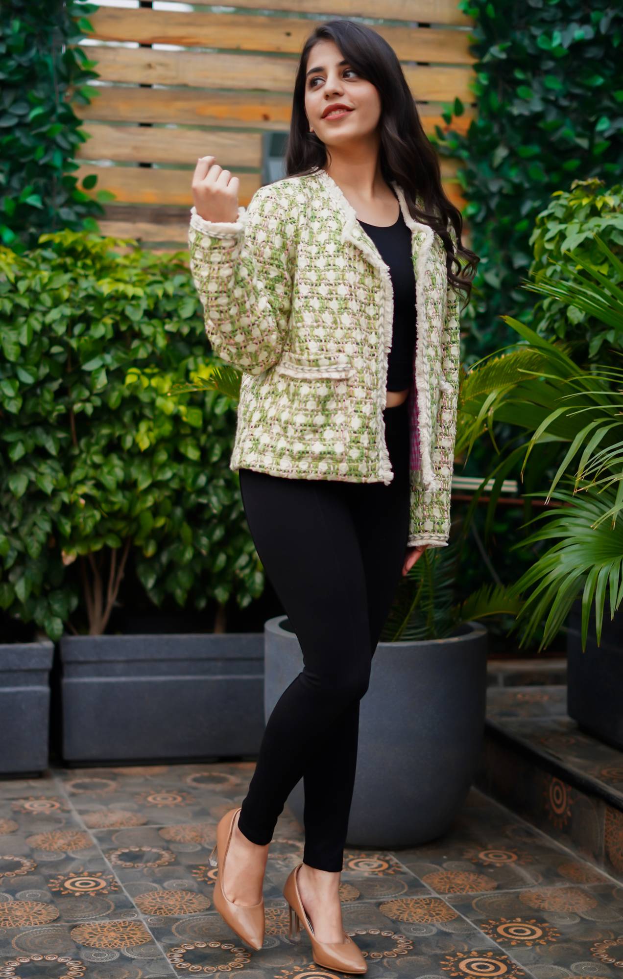 Tweed Jacket with Lace Detailing for Women