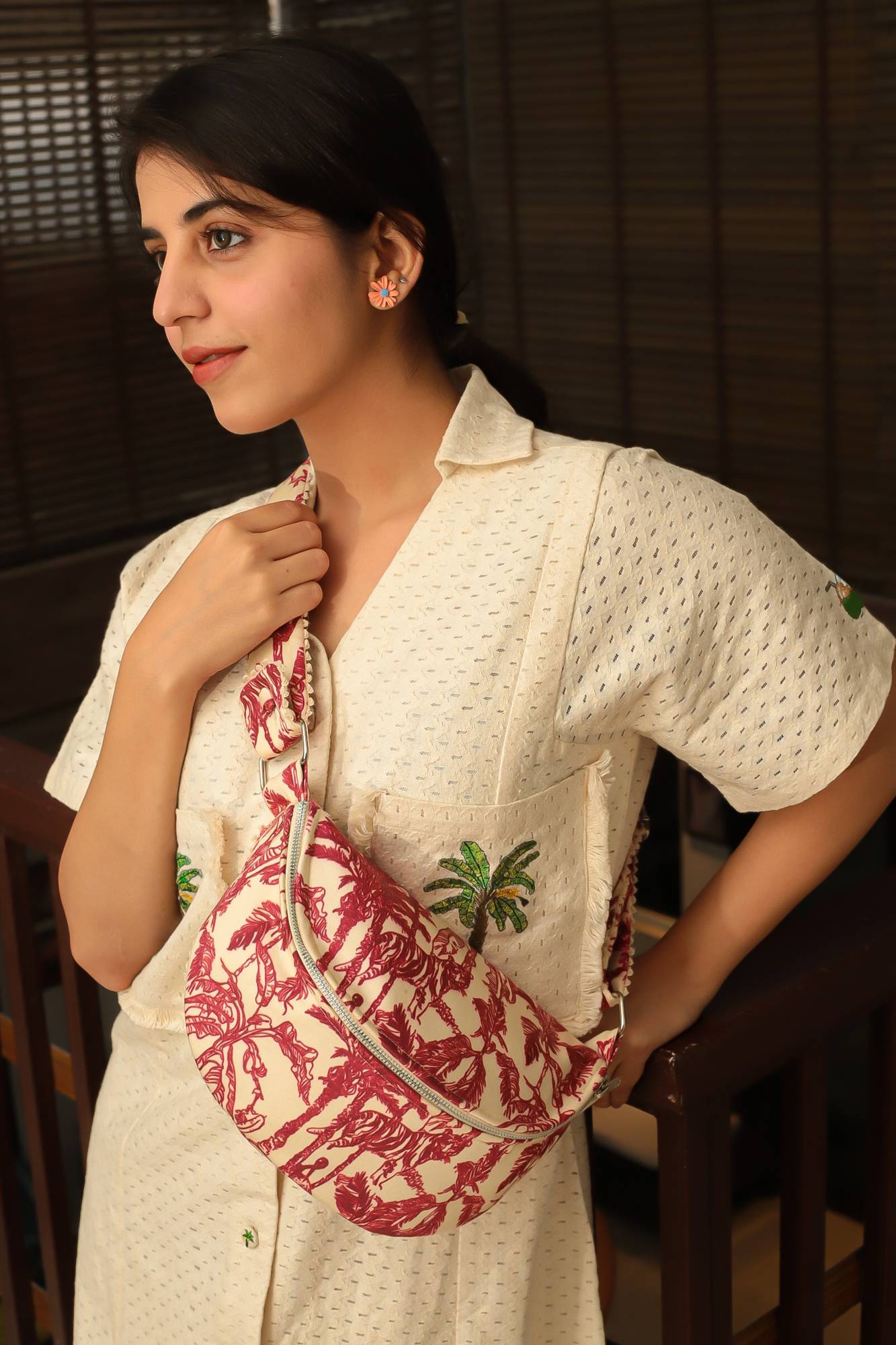 Toile Printed Fanny Bag with Lace Detailing for Women