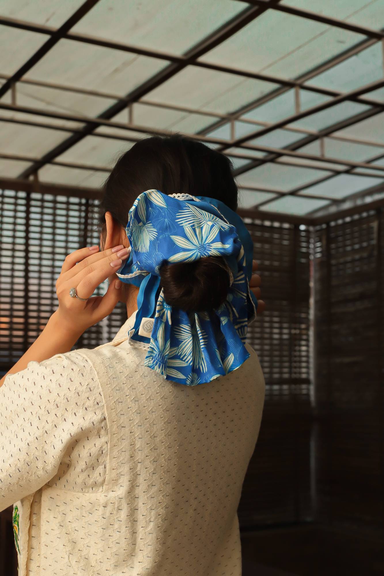Blue Floral Modal Satin Scrunchie for Women