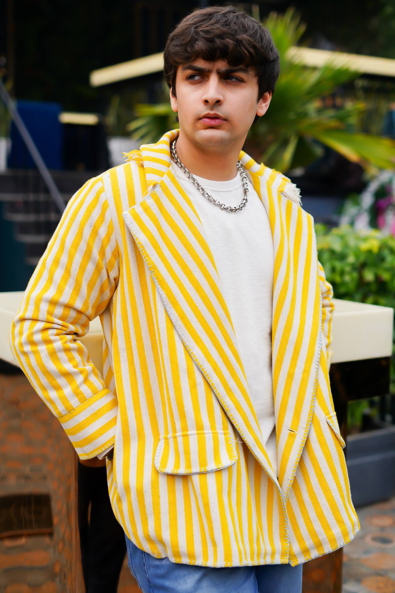 Handloom Stripes Jacket with Hand Embroidery Detailing for Men