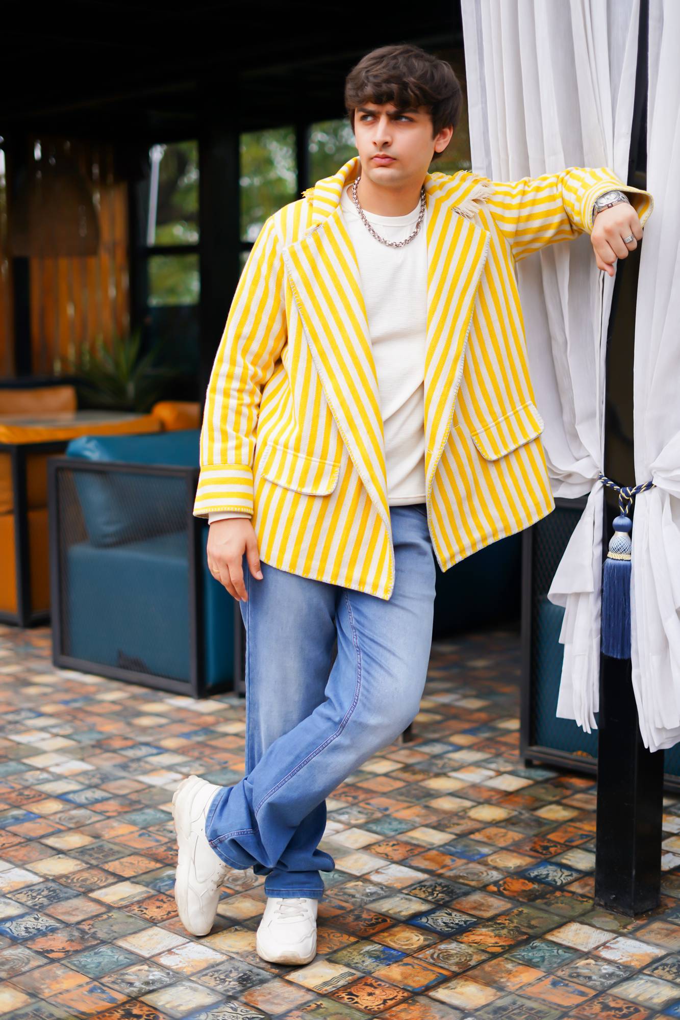 Handloom Stripes Jacket with Hand Embroidery Detailing for Men