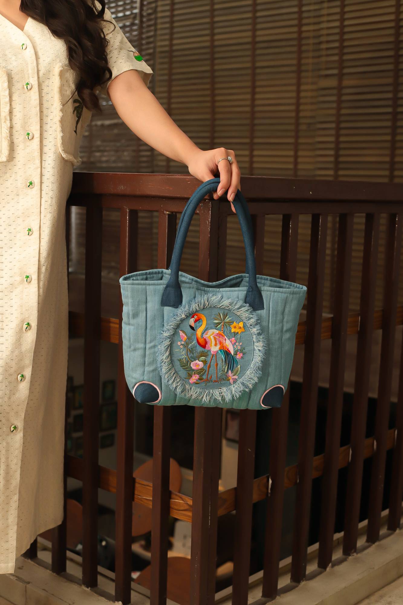 Flamingo Embroidered Denim Hand Bag for Women