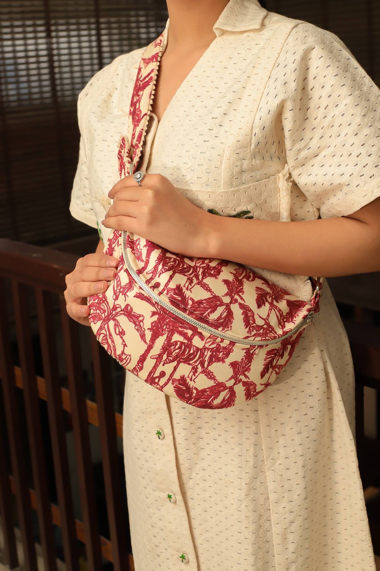 Toile Printed Fanny Bag with Lace Detailing for Women