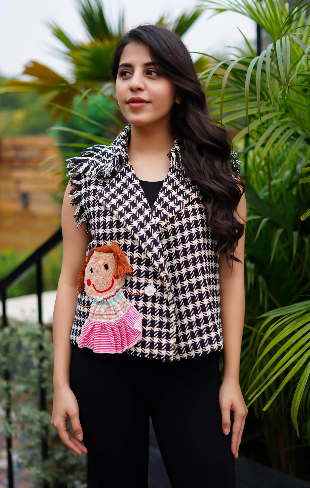 Houndstooth Jacket with Doll Embroidery for Women