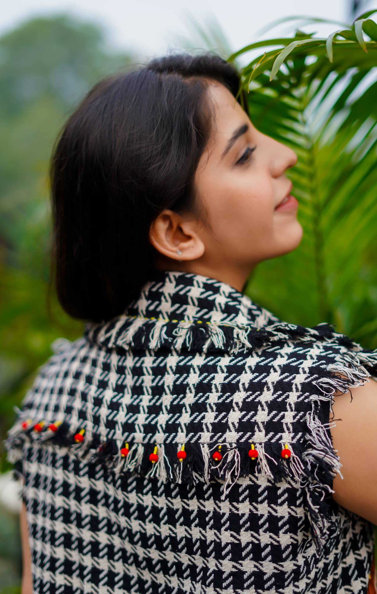 Houndstooth Jacket with Doll Embroidery for Women